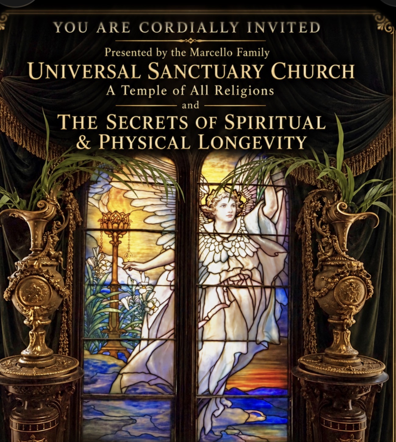 Elegant invitation card for a Universal Sanctuary Church event, framed by Tiffany stained-glass angels and gold vases