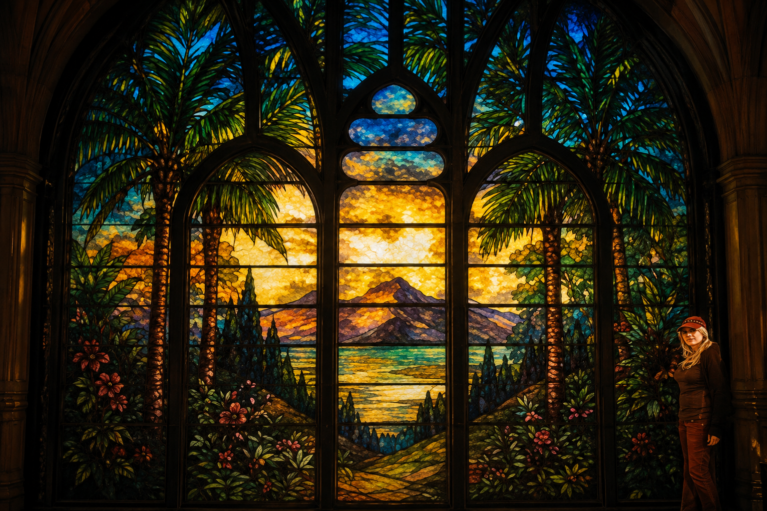Grand Tiffany stained glass window depicting a sunset landscape with palms, mountains and a lake
