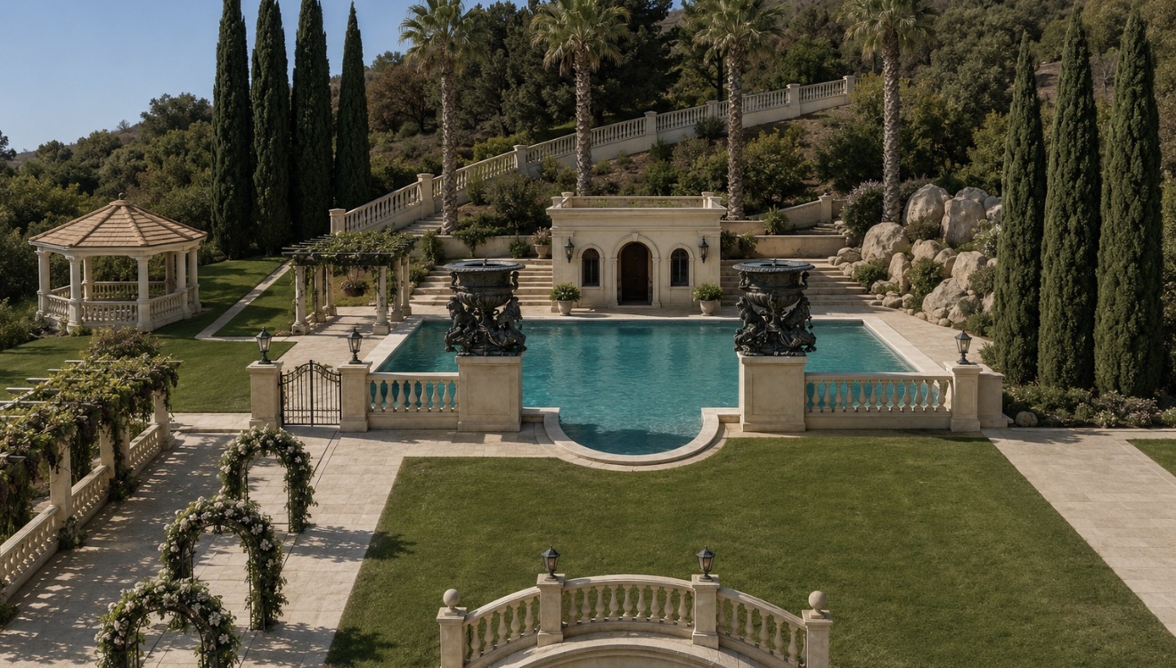 Development grounds with pool, gazebo, and gardens